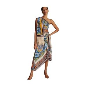 Anthropologie 00 298$ One-Shoulder Silk Midi Scarf Dress With Fringe